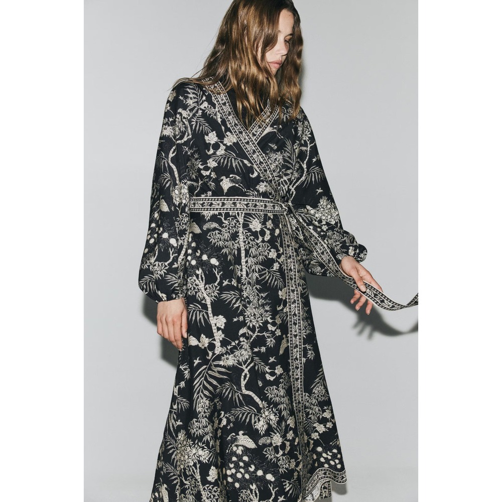 NWT H&M Long Sleeved Wrap Dress Tie Waist Black Cream Floral Print Midi Maxi XL - Picture 5 of 12